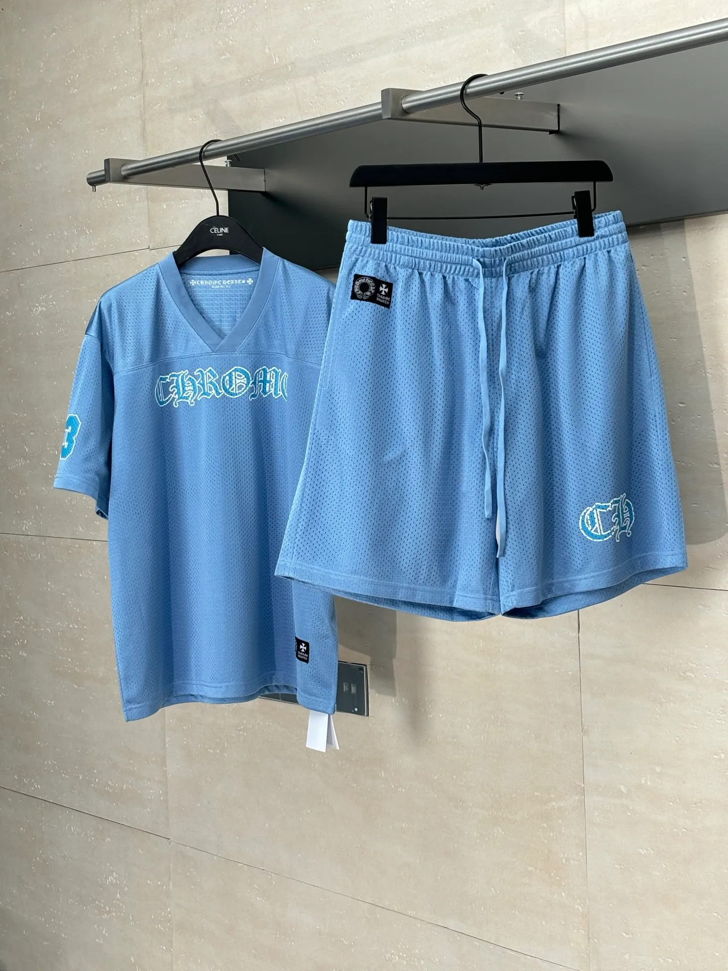 🅿️290 Chrom Heart*/Ch 25SS mesh glitter blue ice hockey shorts. The fabric is made of high-density 100D bird's eye cloth. Double-sided mesh positioning is very time-consuming. The cost of labor loss is very high. It is not a single-layer thin transparent bottom junk product on the market. Same style for men and women. OS size: S/M/L